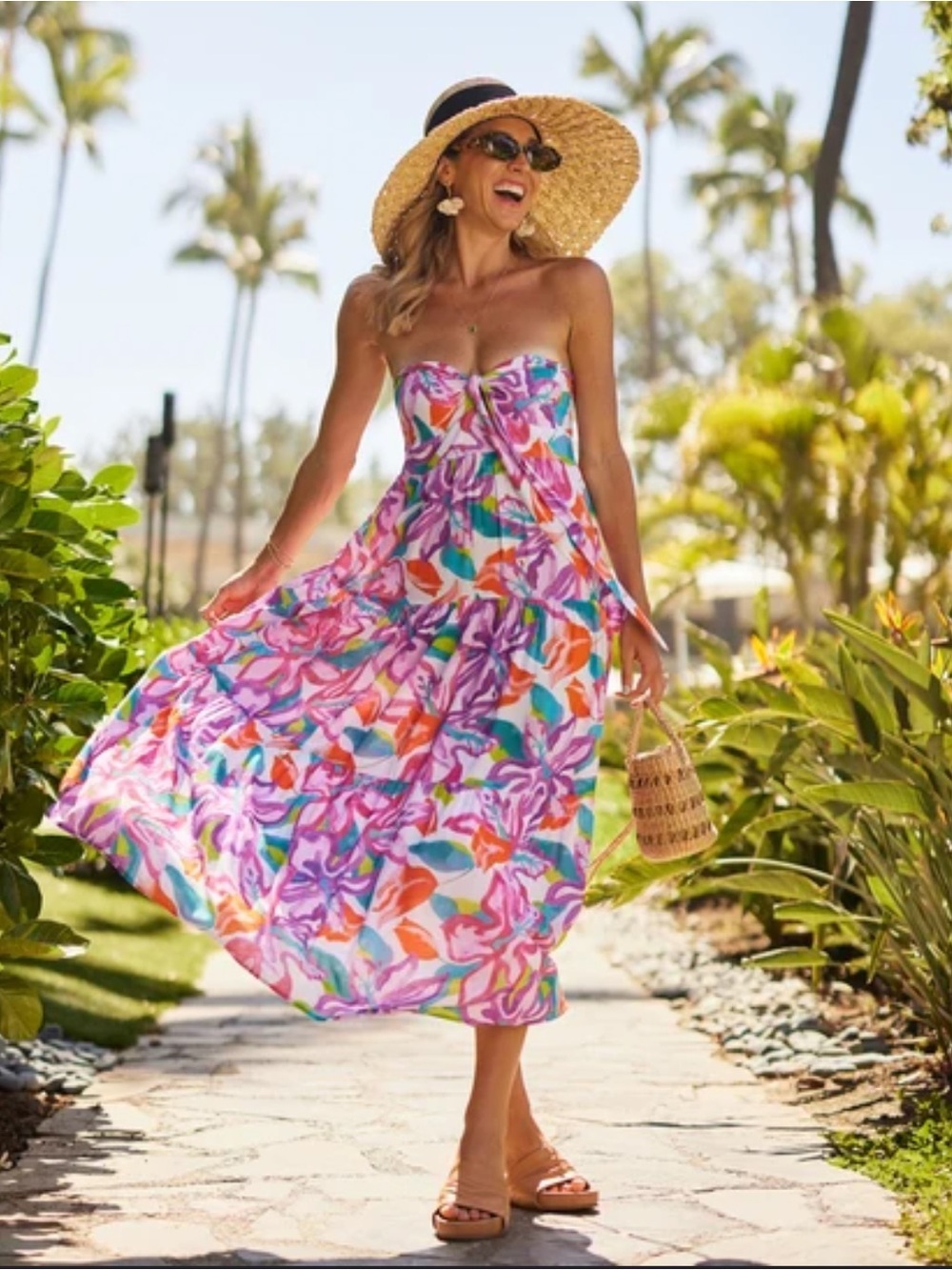Kenny Flowers Kona Bandeau Strapless Midi Dress Tropical Floral Size Small